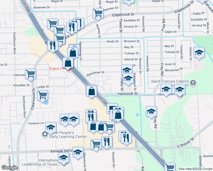 map of restaurants, bars, coffee shops, grocery stores, and more near 10909 Gulf Freeway in Houston