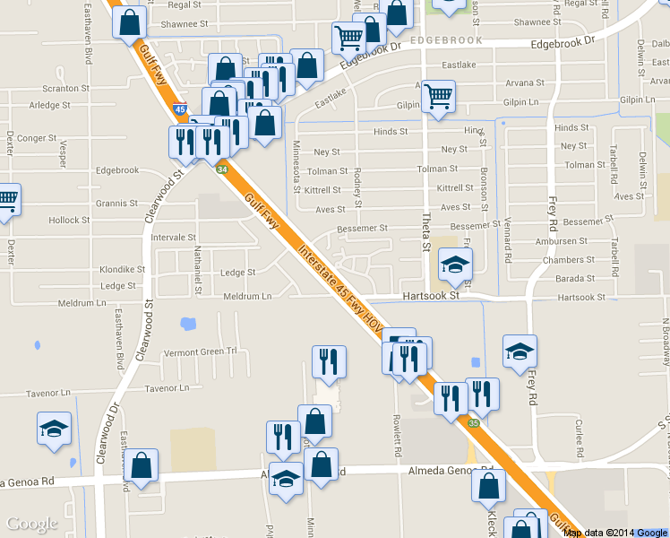 map of restaurants, bars, coffee shops, grocery stores, and more near 5104 Gulf Freeway in Houston