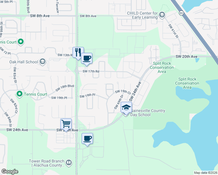 map of restaurants, bars, coffee shops, grocery stores, and more near 1828 Southwest 69 Way in Gainesville