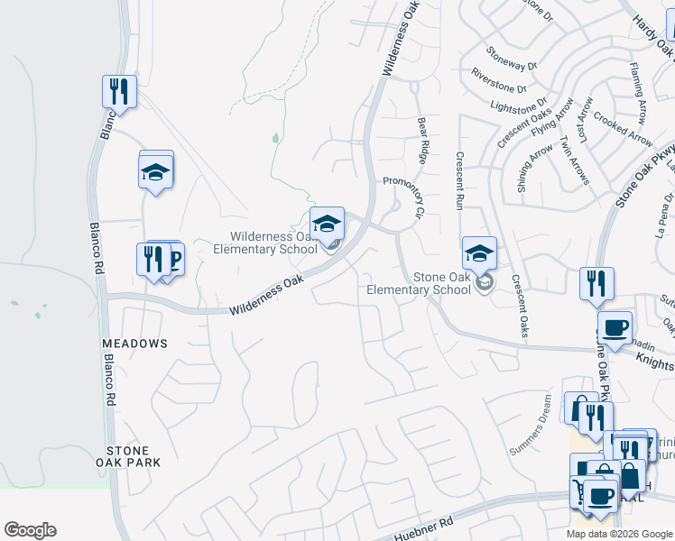 map of restaurants, bars, coffee shops, grocery stores, and more near 818 Windhurst in San Antonio
