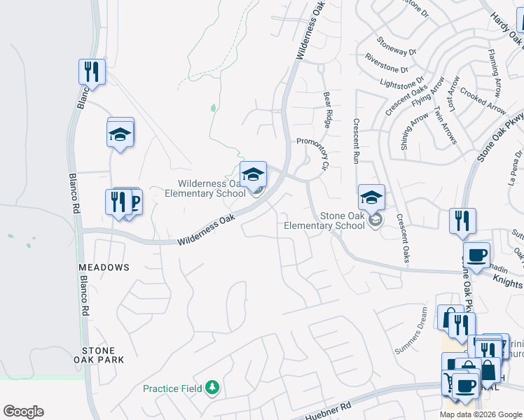 map of restaurants, bars, coffee shops, grocery stores, and more near 818 Windhurst in San Antonio