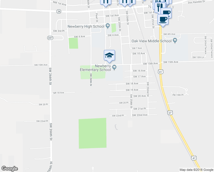 map of restaurants, bars, coffee shops, grocery stores, and more near 25741 Southwest 18 Avenue in Newberry