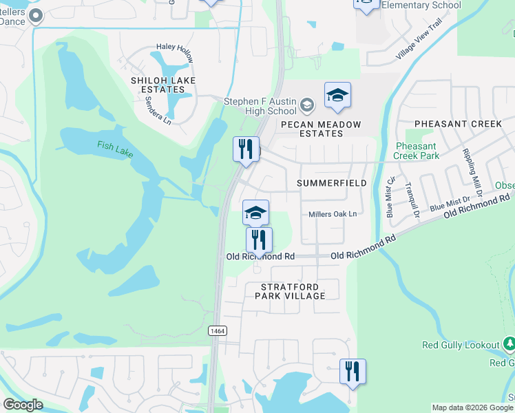 map of restaurants, bars, coffee shops, grocery stores, and more near 17123 Canterbury Green Court in Sugar Land