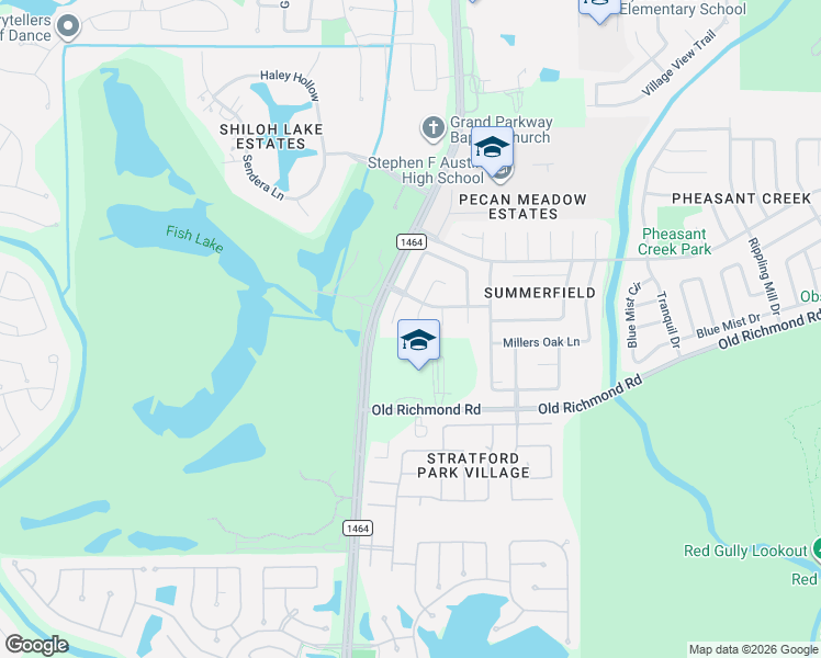 map of restaurants, bars, coffee shops, grocery stores, and more near 17123 Canterbury Green Court in Sugar Land
