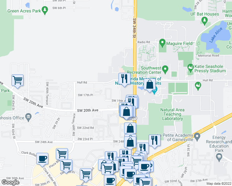 map of restaurants, bars, coffee shops, grocery stores, and more near 2 Southwest 19th Avenue in Gainesville