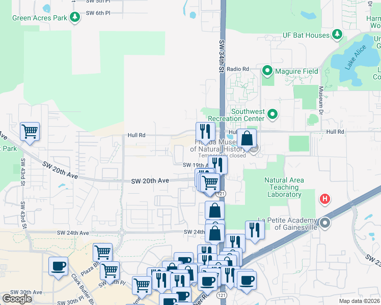 map of restaurants, bars, coffee shops, grocery stores, and more near 2 Southwest 19th Avenue in Gainesville