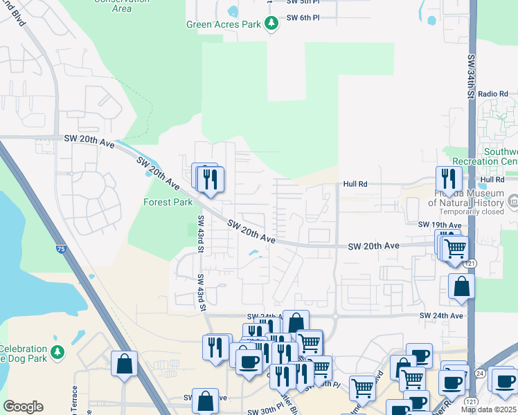 map of restaurants, bars, coffee shops, grocery stores, and more near 4143 Southwest 17th Place in Gainesville