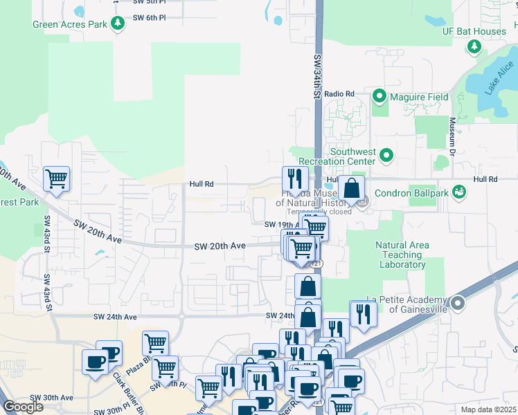 map of restaurants, bars, coffee shops, grocery stores, and more near 3600 Southwest 19th Avenue in Gainesville