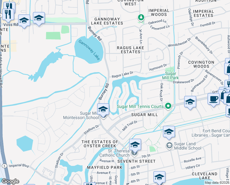 map of restaurants, bars, coffee shops, grocery stores, and more near 1205 Morning Mist Court in Sugar Land