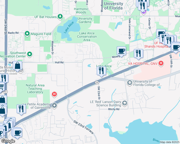 map of restaurants, bars, coffee shops, grocery stores, and more near 2360 Southwest Archer Road in Gainesville