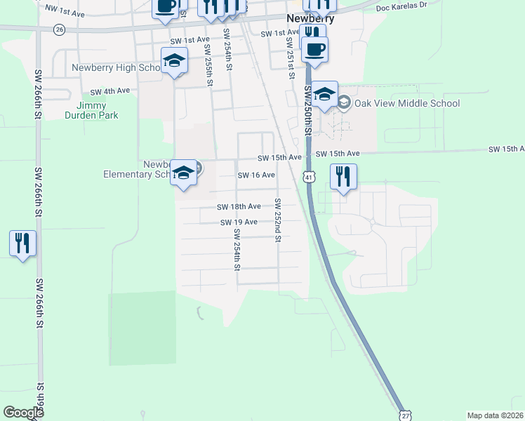 map of restaurants, bars, coffee shops, grocery stores, and more near 25241 Southwest 19 Avenue in Newberry