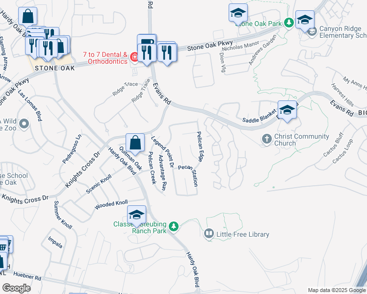 map of restaurants, bars, coffee shops, grocery stores, and more near 22036 Oriole Hill Drive in San Antonio