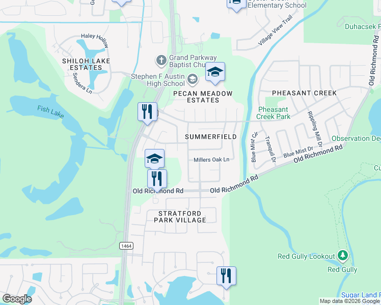 map of restaurants, bars, coffee shops, grocery stores, and more near 3219 Shady Ridge Trail in Sugar Land