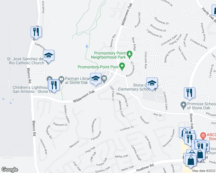 map of restaurants, bars, coffee shops, grocery stores, and more near 818 Windhurst in San Antonio