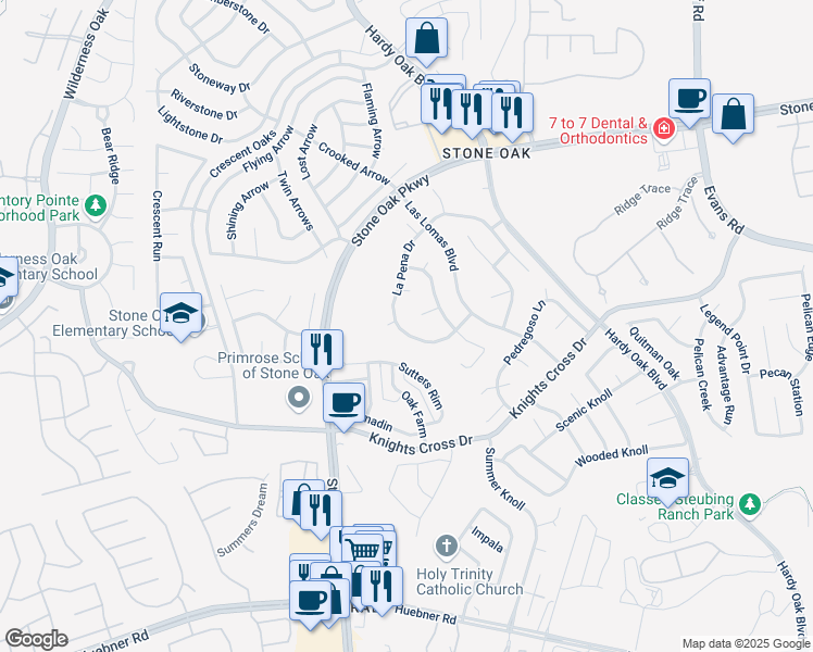 map of restaurants, bars, coffee shops, grocery stores, and more near 21038 La Pena Drive in San Antonio