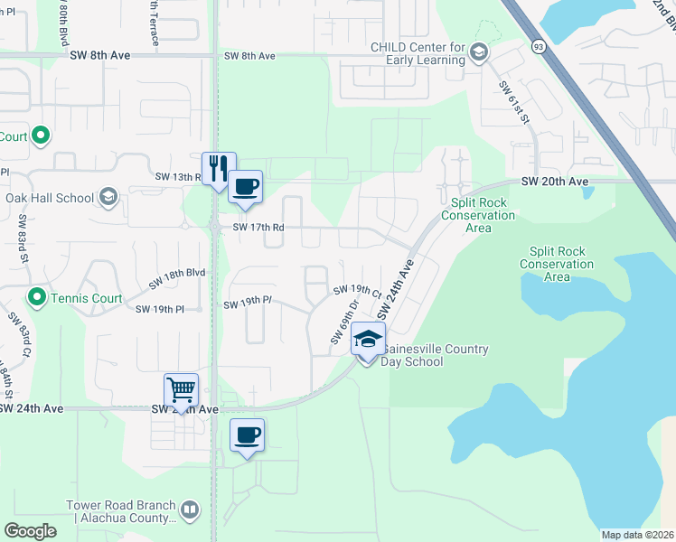 map of restaurants, bars, coffee shops, grocery stores, and more near 1726 Southwest 69th Terrace in Gainesville