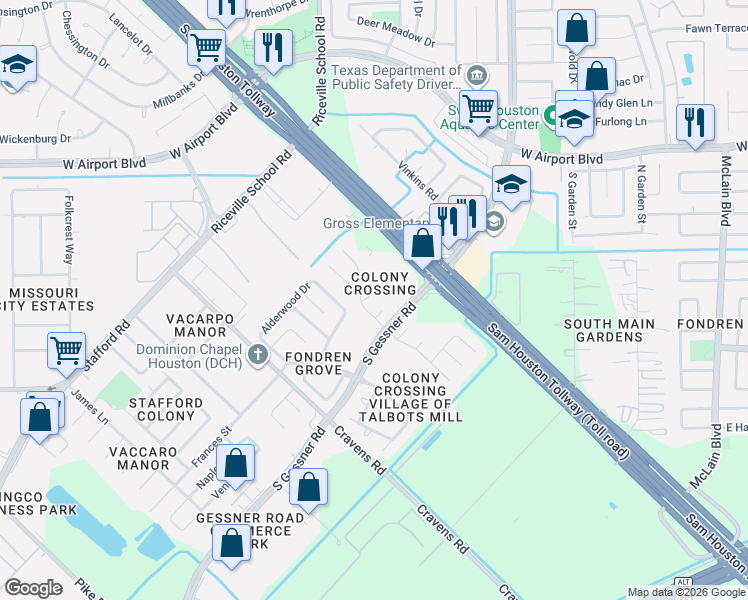 map of restaurants, bars, coffee shops, grocery stores, and more near 12815 Candace Court in Missouri City