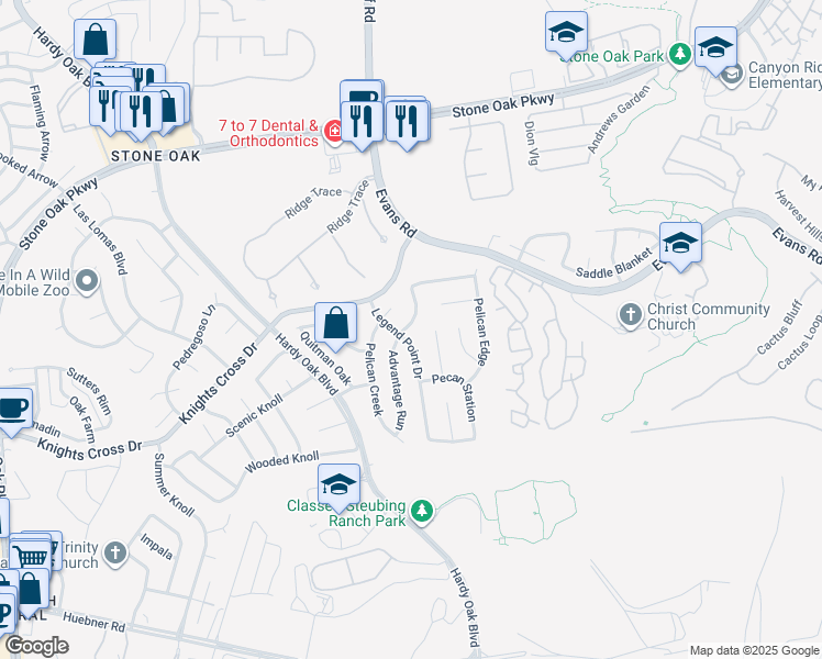 map of restaurants, bars, coffee shops, grocery stores, and more near 22106 Advantage Run in San Antonio