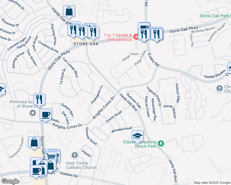 map of restaurants, bars, coffee shops, grocery stores, and more near 21119 Pedregoso Lane in San Antonio