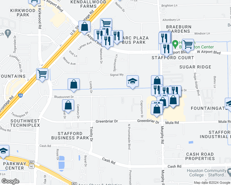 map of restaurants, bars, coffee shops, grocery stores, and more near 4030 Bluebonnet Drive in Stafford