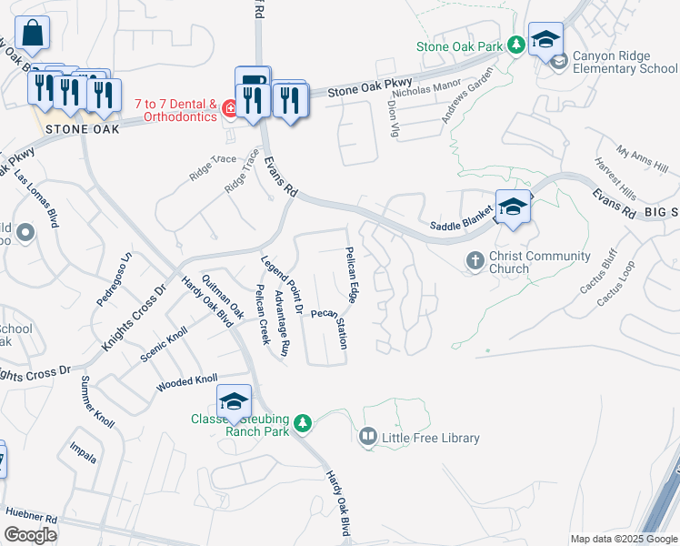 map of restaurants, bars, coffee shops, grocery stores, and more near 22122 Pelican Edge in San Antonio