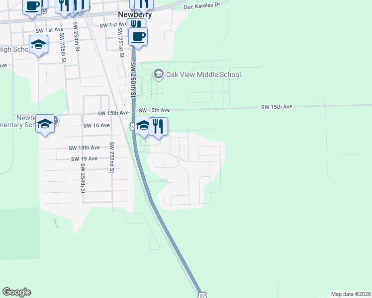 map of restaurants, bars, coffee shops, grocery stores, and more near 24572 Southwest 17th Place in Newberry