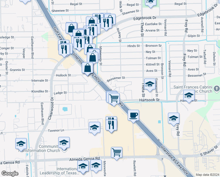 map of restaurants, bars, coffee shops, grocery stores, and more near 10902 Gulf Freeway in Houston