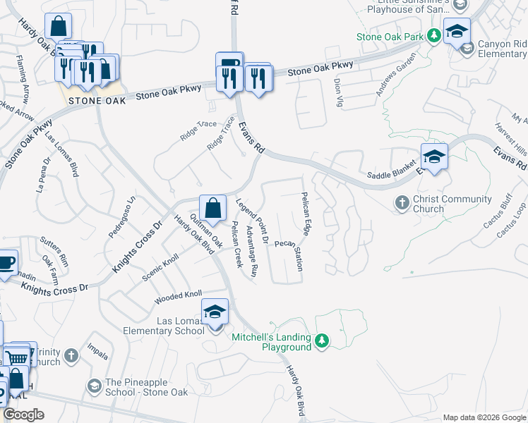 map of restaurants, bars, coffee shops, grocery stores, and more near 22131 Advantage Run in San Antonio