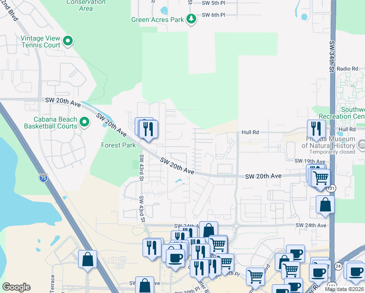 map of restaurants, bars, coffee shops, grocery stores, and more near 1616 Southwest 41 Street in Gainesville
