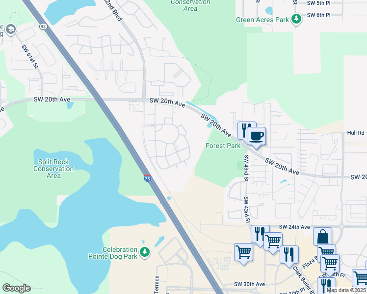 map of restaurants, bars, coffee shops, grocery stores, and more near Southwest 17 Place in Gainesville