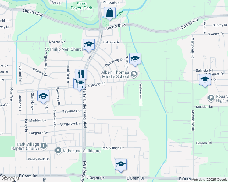 map of restaurants, bars, coffee shops, grocery stores, and more near 10401 Rosecroft Drive in Houston