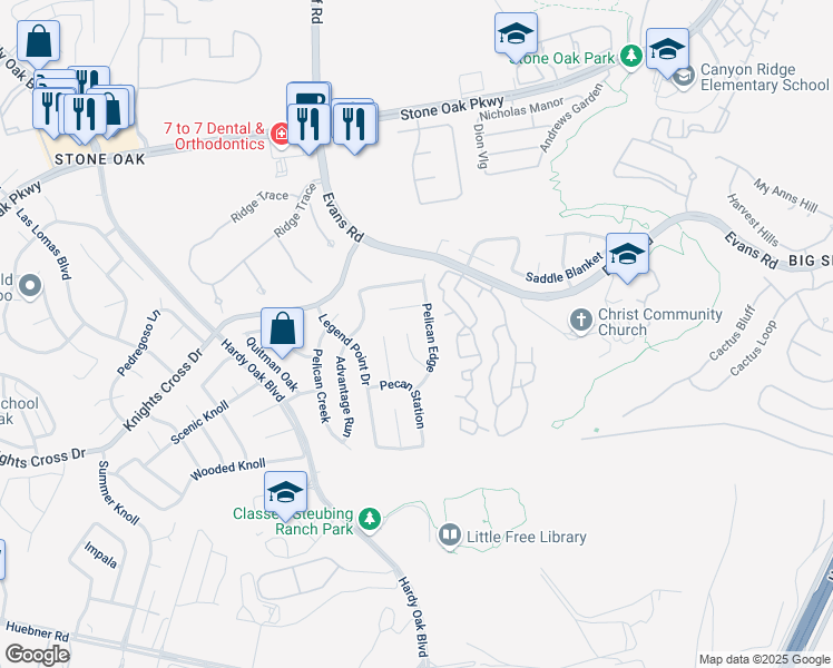 map of restaurants, bars, coffee shops, grocery stores, and more near 22122 Pelican Edge in San Antonio