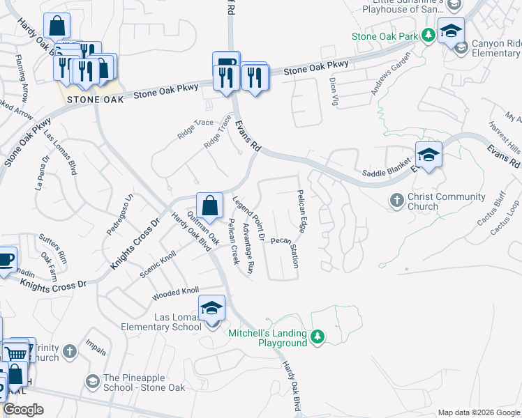map of restaurants, bars, coffee shops, grocery stores, and more near 22131 Advantage Run in San Antonio