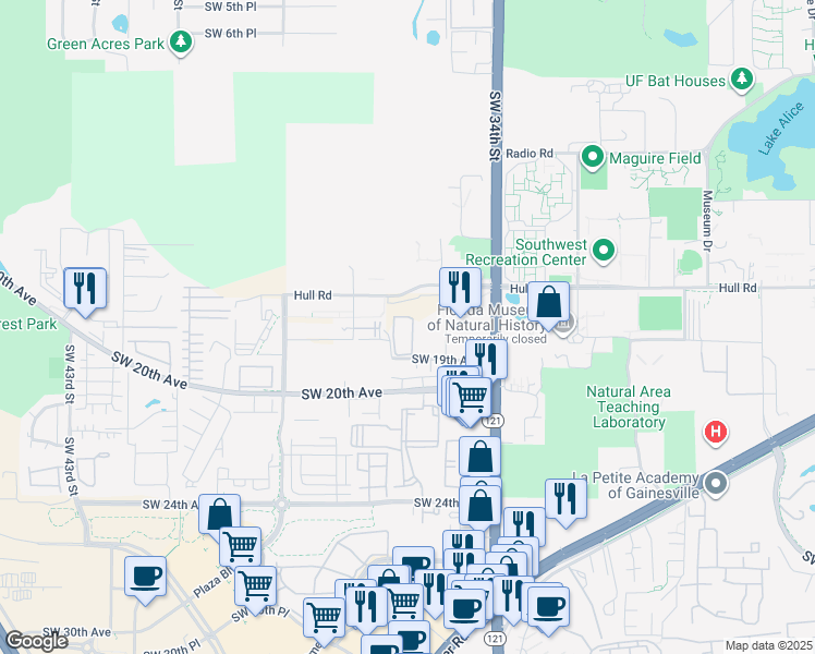 map of restaurants, bars, coffee shops, grocery stores, and more near Hull Road in Gainesville