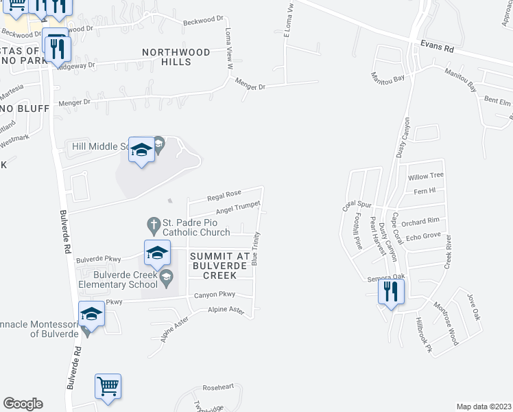 map of restaurants, bars, coffee shops, grocery stores, and more near 4050 Angel Trumpet in San Antonio