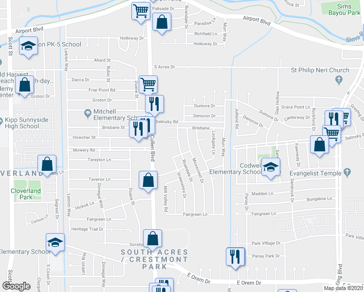 map of restaurants, bars, coffee shops, grocery stores, and more near 11415 Roandale Drive in Houston
