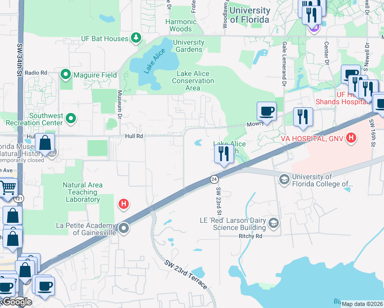 map of restaurants, bars, coffee shops, grocery stores, and more near 2360 Southwest Archer Road in Gainesville