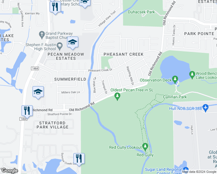 map of restaurants, bars, coffee shops, grocery stores, and more near 17018 Enchanted Circle West in Sugar Land