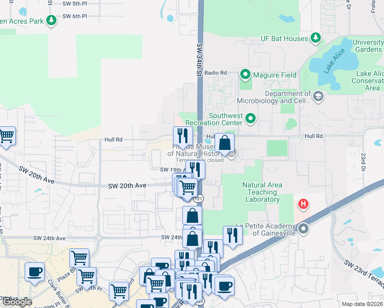 map of restaurants, bars, coffee shops, grocery stores, and more near 1714 Southwest 34th Street in Gainesville