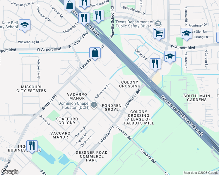 map of restaurants, bars, coffee shops, grocery stores, and more near 16514 Sagewood Court in Missouri City