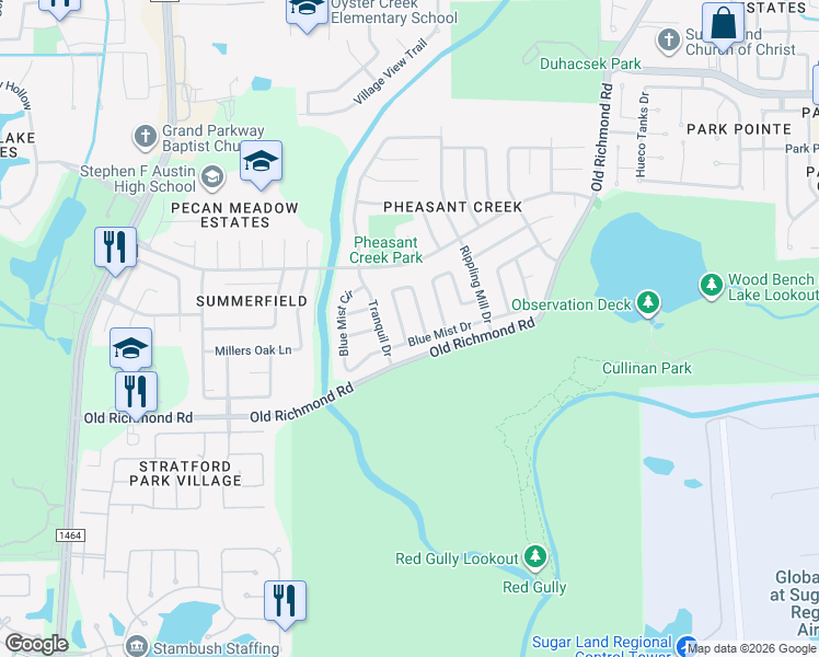 map of restaurants, bars, coffee shops, grocery stores, and more near 17003 Enchanted Circle West in Sugar Land