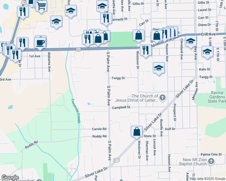 map of restaurants, bars, coffee shops, grocery stores, and more near 103 Butler Lane in Palatka