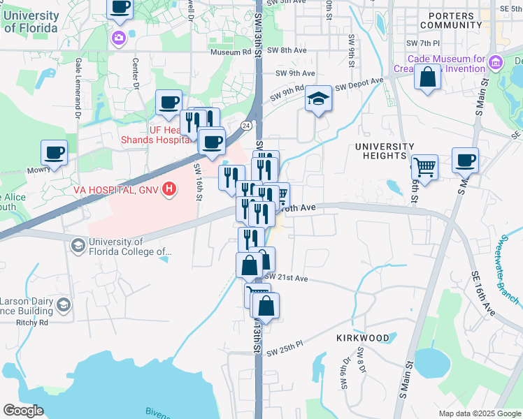 map of restaurants, bars, coffee shops, grocery stores, and more near 1470-1518 Southwest 13th Street in Gainesville