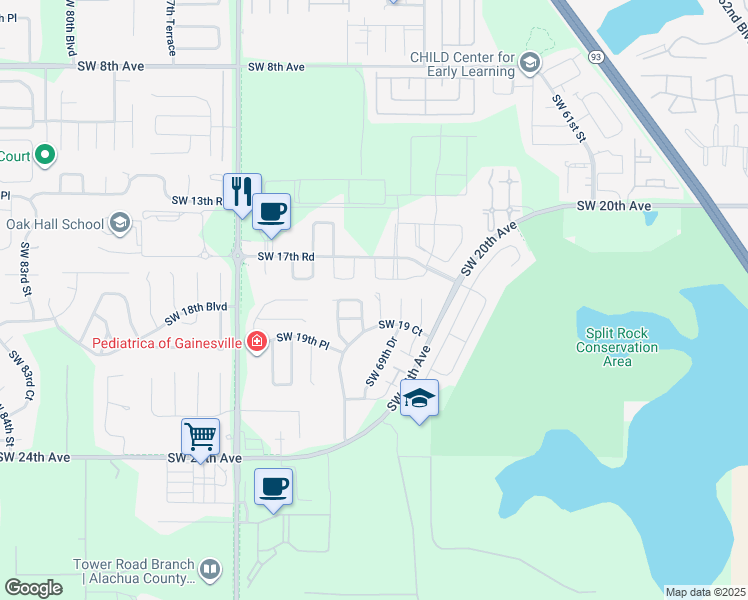 map of restaurants, bars, coffee shops, grocery stores, and more near 1717 Southwest 69th Terrace in Gainesville