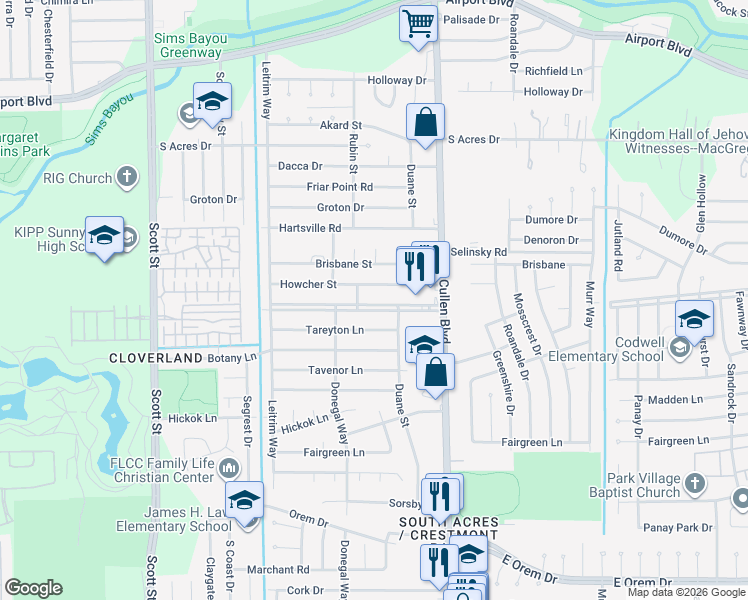 map of restaurants, bars, coffee shops, grocery stores, and more near 4239 Howcher Street in Houston