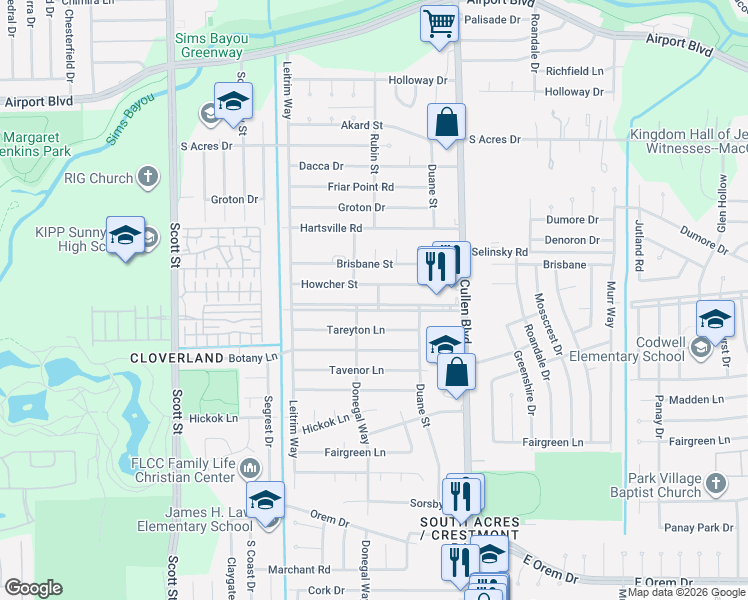 map of restaurants, bars, coffee shops, grocery stores, and more near 4239 Howcher Street in Houston