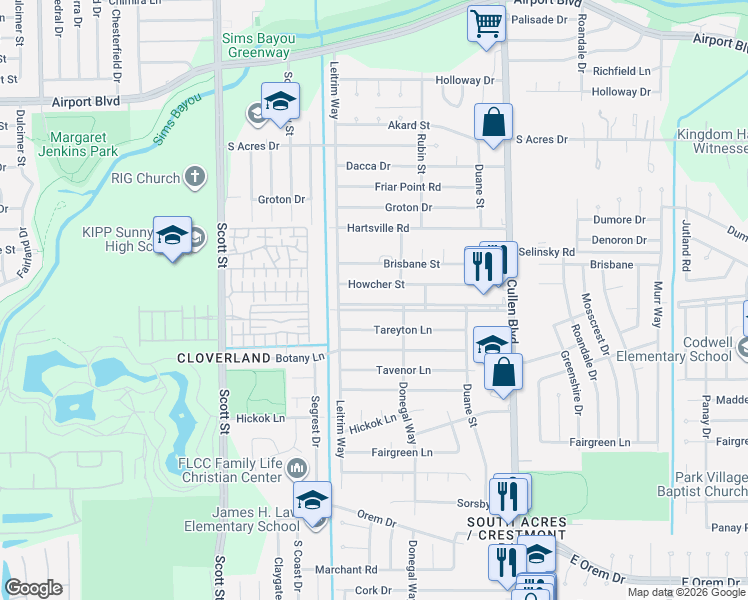 map of restaurants, bars, coffee shops, grocery stores, and more near 4211 Howcher Street in Houston