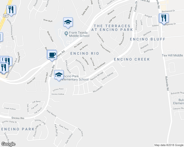 map of restaurants, bars, coffee shops, grocery stores, and more near 21114 Rio Sabinal in San Antonio