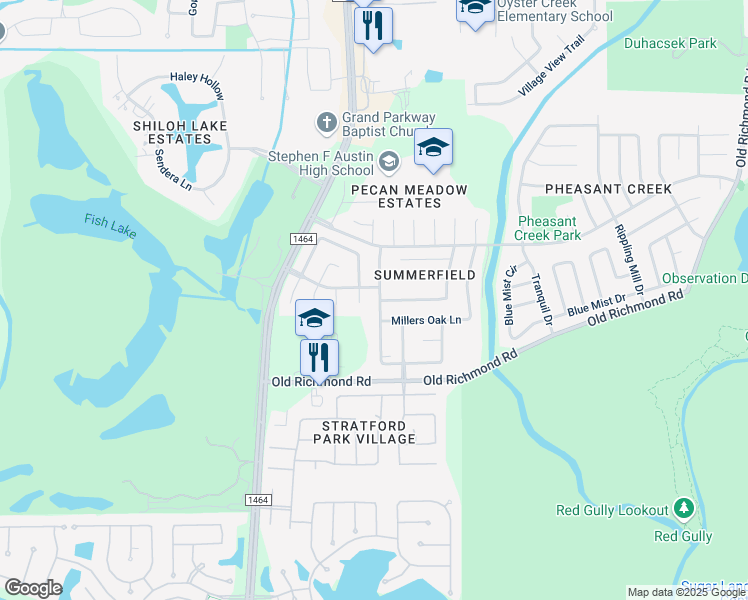 map of restaurants, bars, coffee shops, grocery stores, and more near 3127 Lonesome Ridge Court in Sugar Land