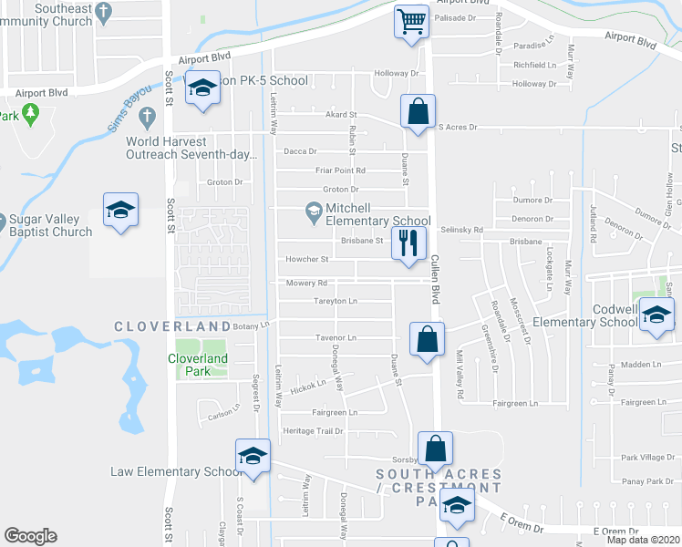 map of restaurants, bars, coffee shops, grocery stores, and more near 4303 Mowery Road in Houston